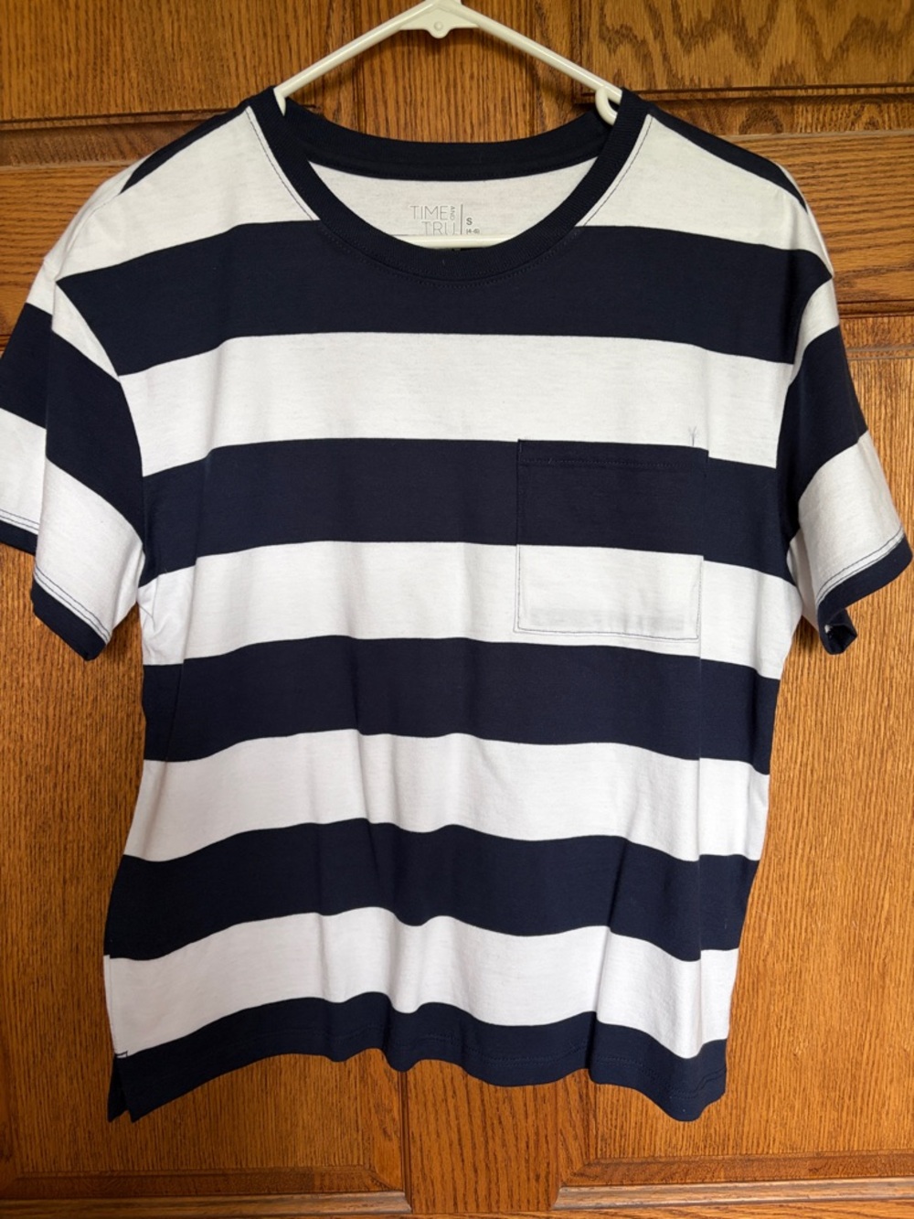 Time and Tru Navy and White Striped Short Sleeve Tee